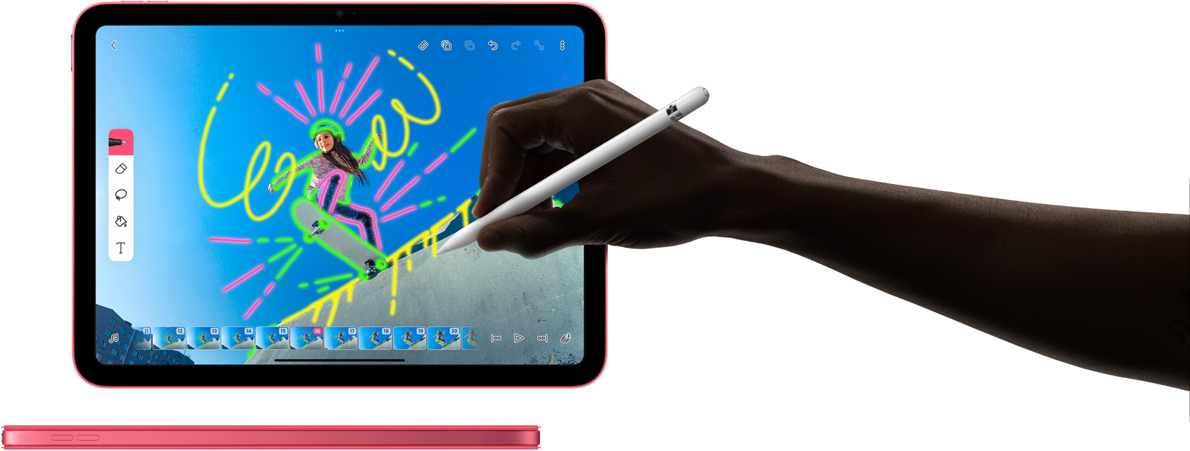 Utilização do Apple Pencil com a app FlipaClip e vista lateral do iPad rosa com capa Smart Folio a condizer.