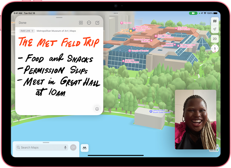 iPadissa näkyy Kartat-appi, jossa on pikamuistiinpano ja FaceTime-miniatyyrikuva.