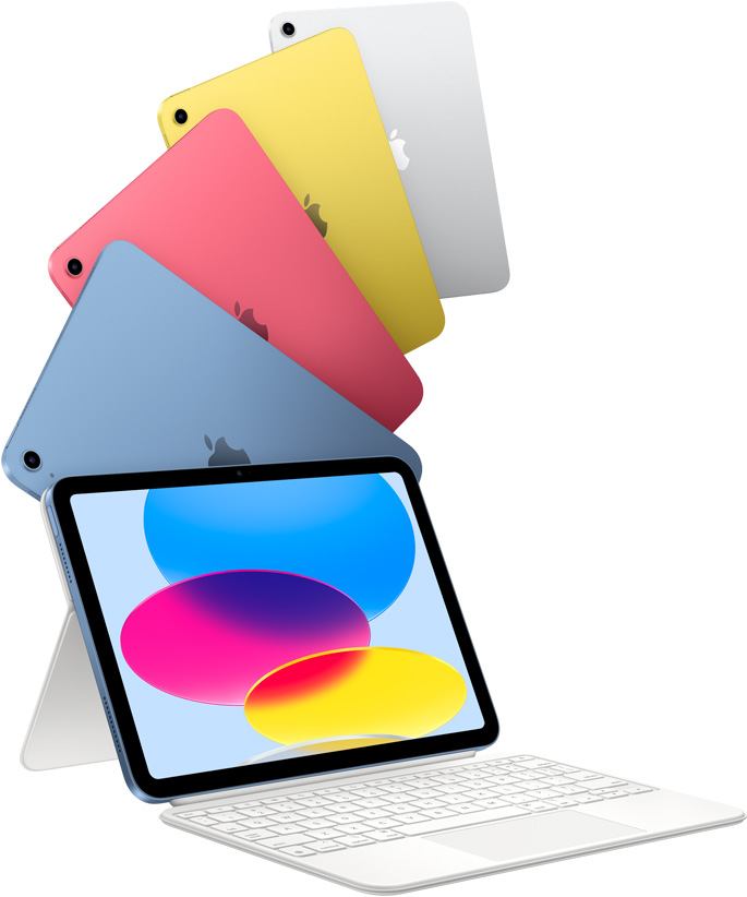 iPad nas cores azul, rosa, amarelo e prateado e um iPad com a Magic Keyboard Folio.