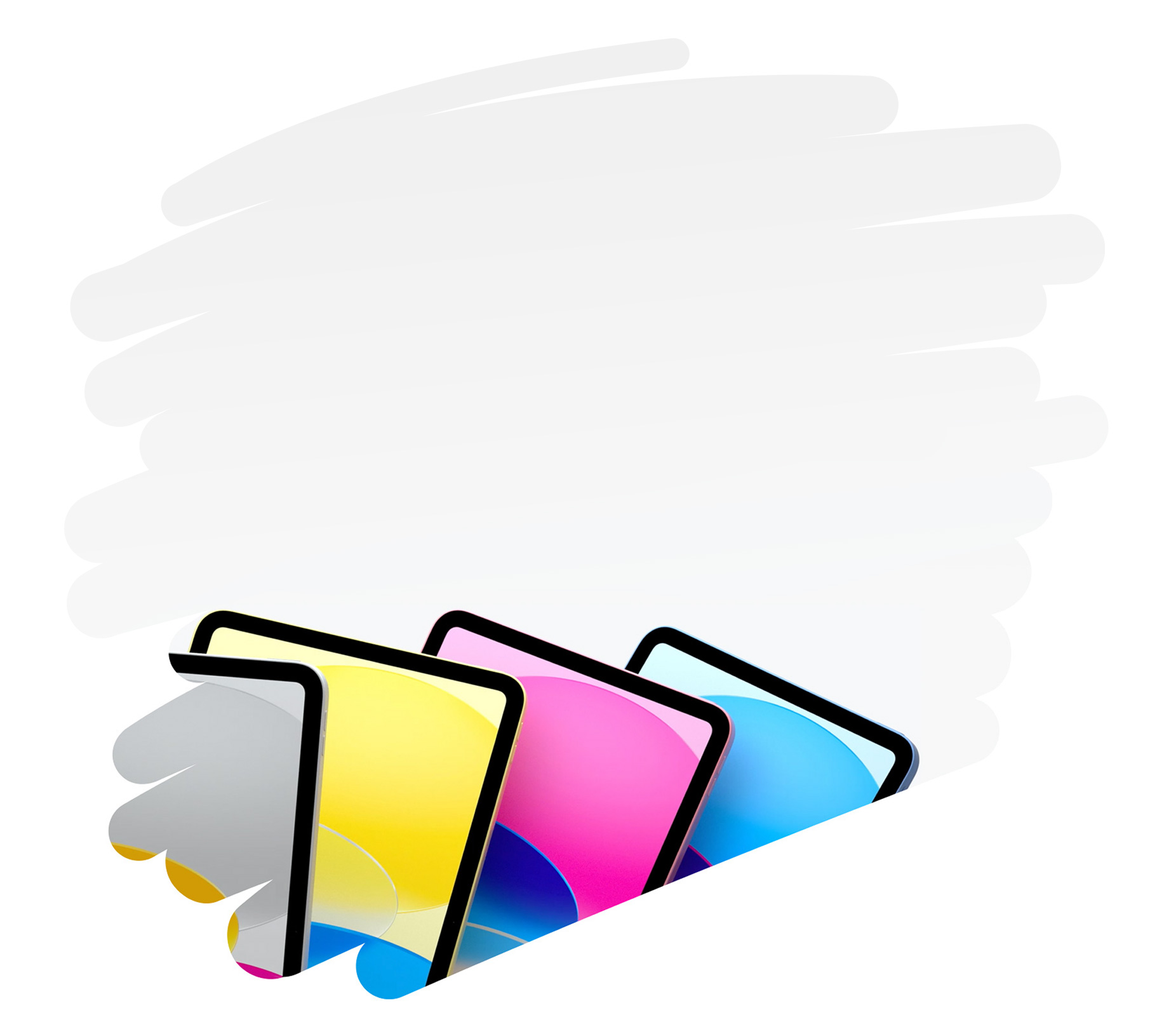 Model iPad warna-warni ditunjukkan dalam sapuan pensil besar di halaman.