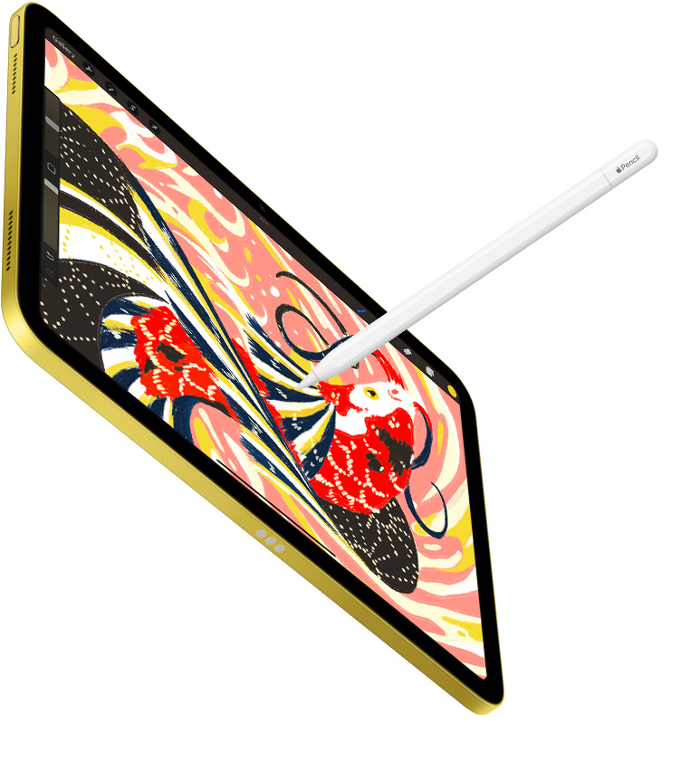 iPad menampilkan ilustrasi ikan penuh warna di aplikasi Procreate, dengan Apple Pencil yang menggambar di iPad