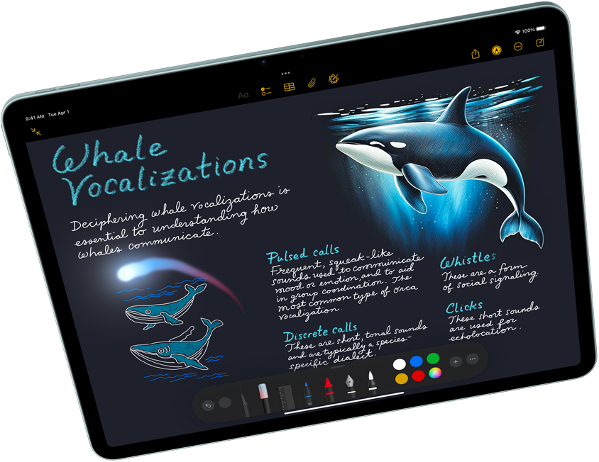 iPad Air en mode paysage présentant Apple Intelligence avec Image Playground, et Keynote, Apple Pencil Pro