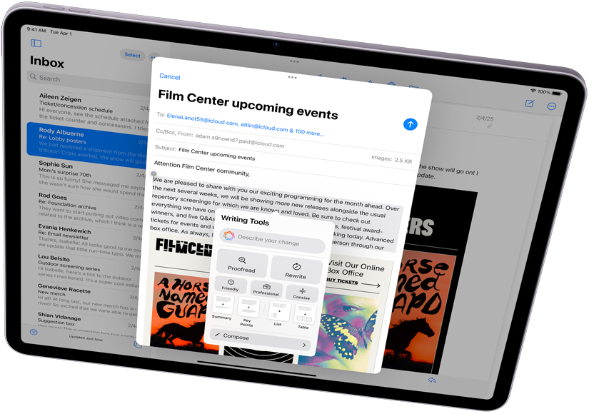 iPad Air en mode paysage présentant Apple Intelligence avec les Outils d’écriture et Mail