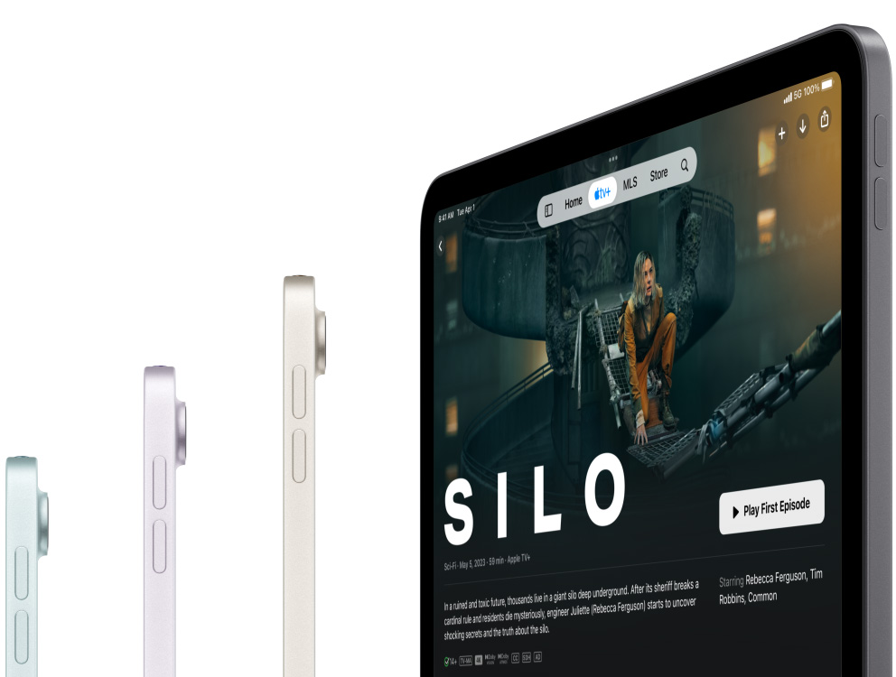 Vue latérale de trois iPad Air, un quatrième montrant la série Apple TV Plus Silo