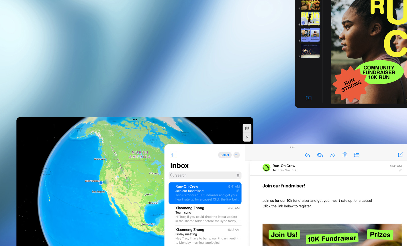 Plusieurs écrans affichant différentes apps en cours d’utilisation, mode paysage