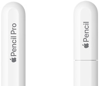 Apple Pencil Pro, Apple Pencil Pro’nun yuvarlak uç kısmındaki lazer baskıda Apple Pencil Pro yazıyor, Apple Pencil USB-C, kapaktaki lazer baskıda Apple Pencil yazıyor.