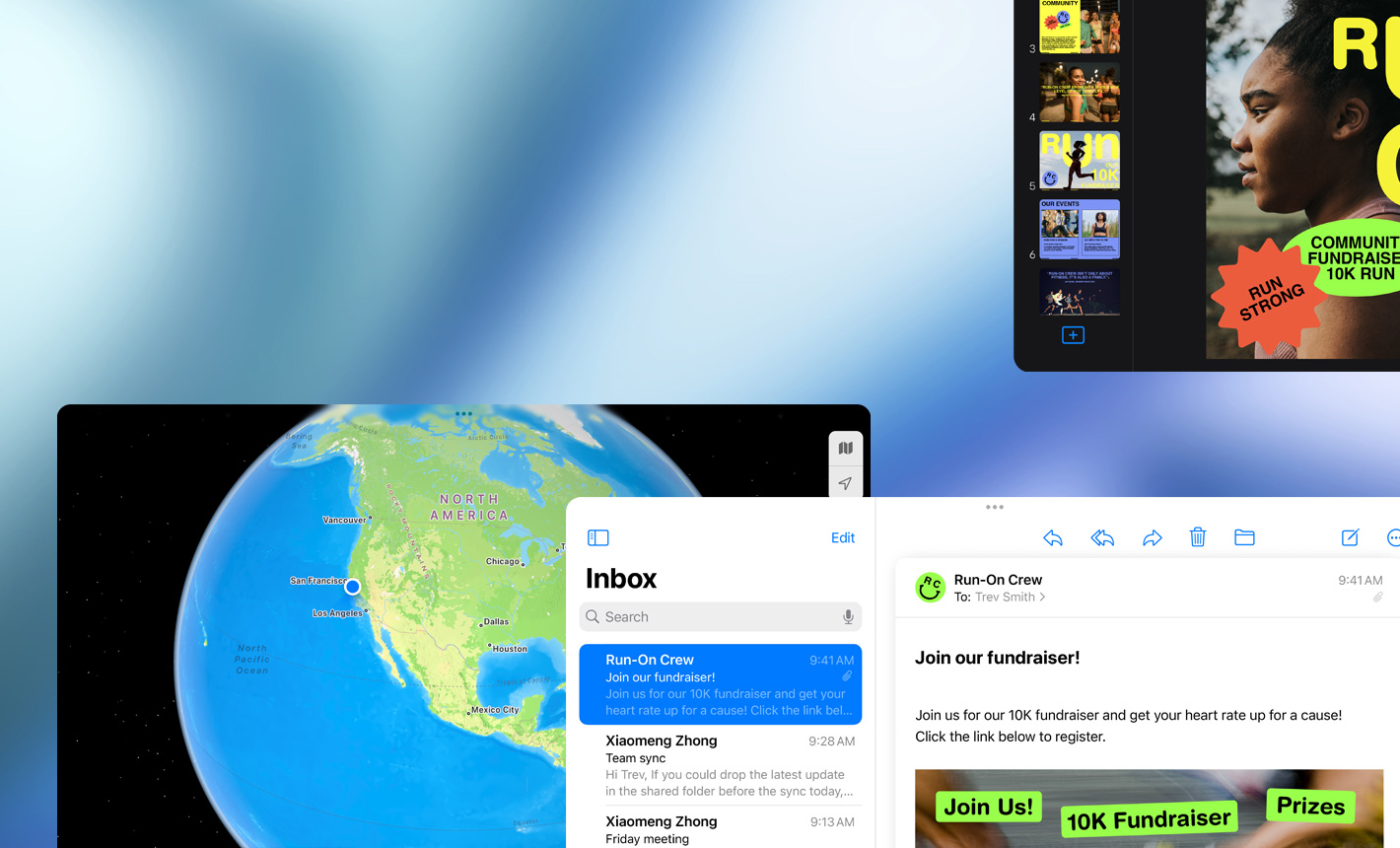 Flere skærme med forskellige apps i brug, vandret position