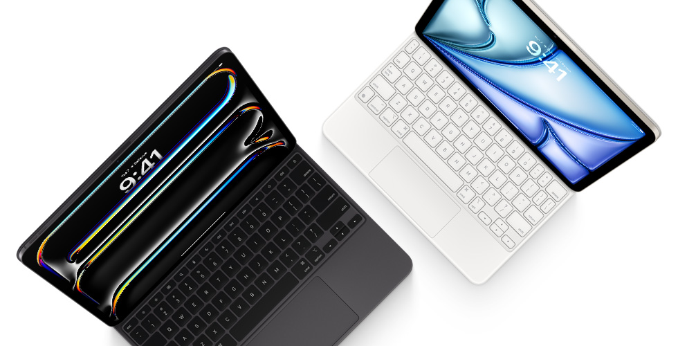 Κατακόρυφη προβολή του iPad Pro συνδεδεμένου στο Magic Keyboard για iPad Pro, σε μαύρο χρώμα, και του iPad Air συνδεδεμένου στο Magic Keyboard, σε λευκό χρώμα.