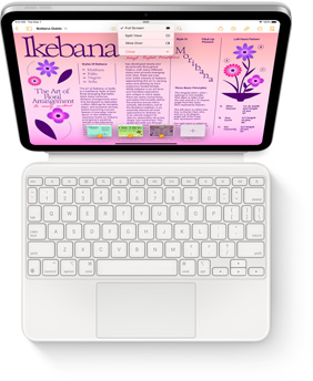 Vista de cima do iPad com Magic Keyboard Folio branca.