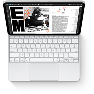 Vista de cima do iPad Pro com Magic Keyboard para iPad Pro branco.
