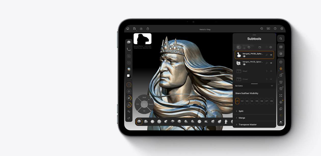 iPad mini, front view in Starlight colour with A20 Pro chip, displaying a 3D modeling interface with a metallic king sculpture, Subtools panel open on the right.