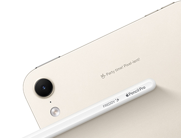 iPad back view in light gold colour, featuring the back camera and showing engraving on both the Apple Pencil Pro and the back of the iPad.