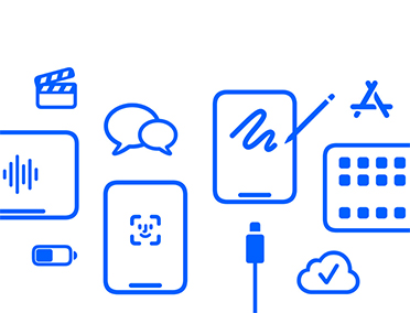 iPad mini, various icons displayed, including film reel, speech bubbles, stylus, app store, sound waves, cloud with tick and charging cable