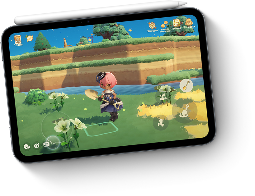 iPad mini, displayed in Midnight colour, showing game on screen, with Apple Pencil attached magnetically on the top.