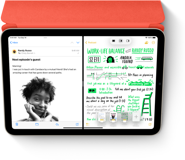 Tampilan Split View untuk pesan Mail dan catatan tulisan tangan di aplikasi Catatan pada iPad dengan Smart Folio dan Apple Pencil