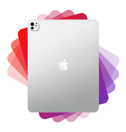 iPad Pro, back exterior, iPad silhouette fans out from behind into spectrum of purple and red colors.