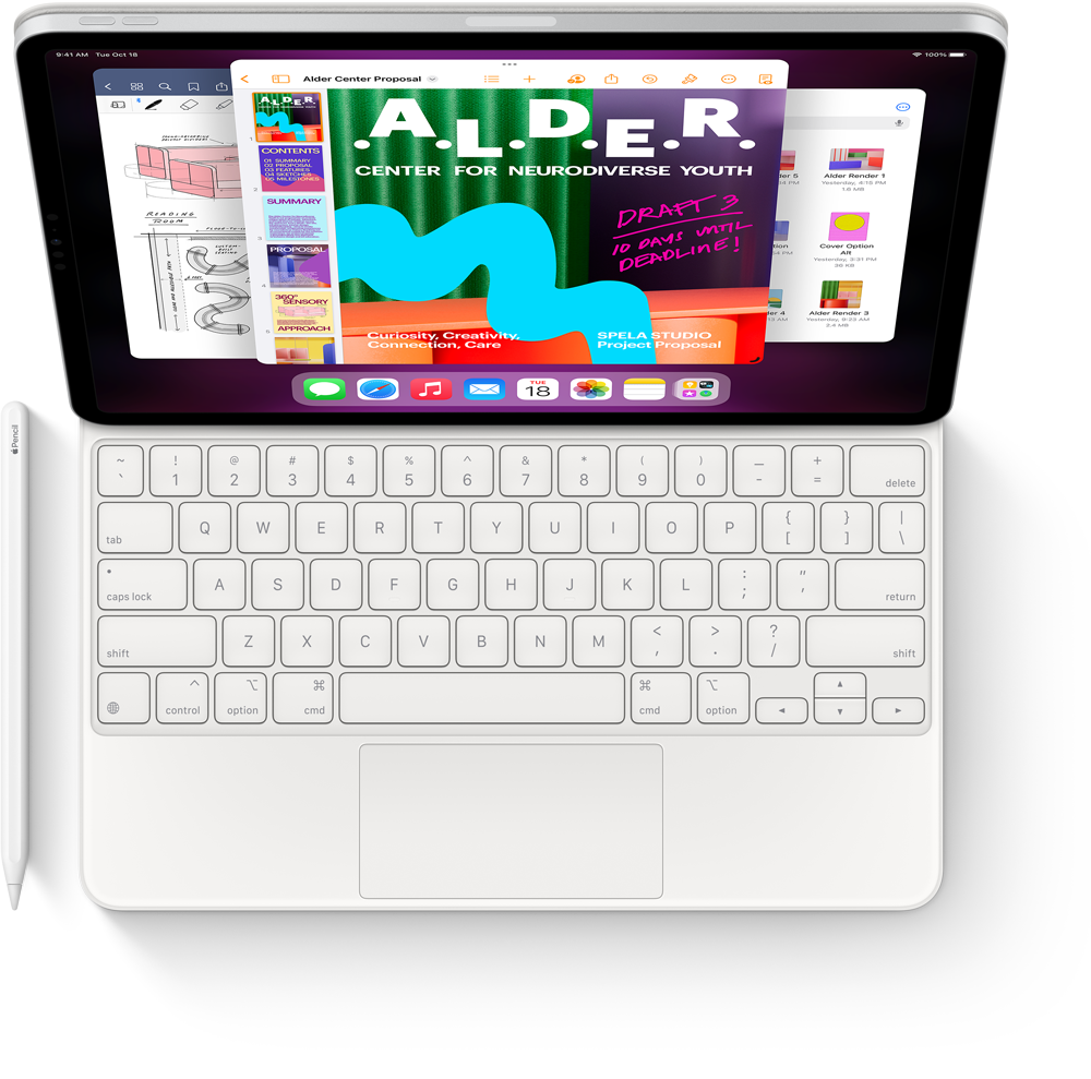 Изглед отгоре на iPad Pro с Magic Keyboard и Apple Pencil, на който се показва Stage Manager с няколко отворени приложения.