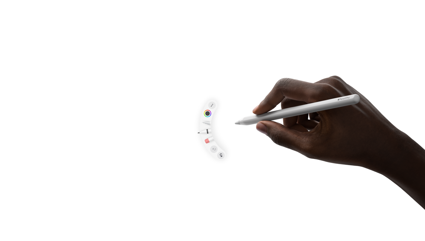 橫向放置的 iPad Pro 機身正面，動畫展示手持 Apple Pencil Pro 的畫面，輕捏手勢在筆尖下喚出工具板