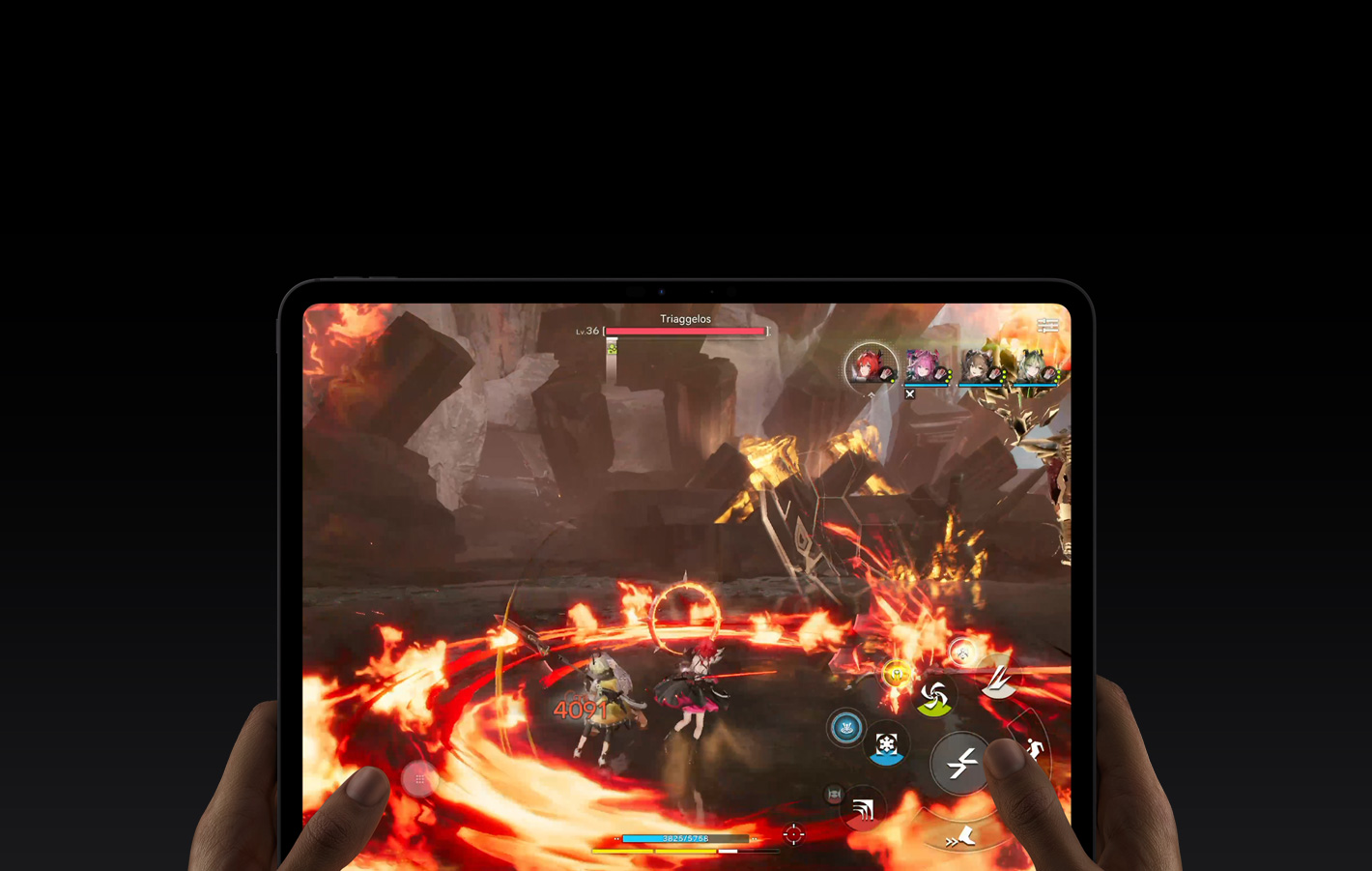 iPad Pro 機身正面，左右手以橫向握持，展示圓角設計，黑色顯示器邊框，螢幕顯示正在進行遊戲《明日方舟：終末地》