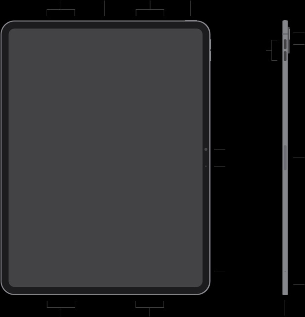 Locais dos botões e conectores do iPad Pro