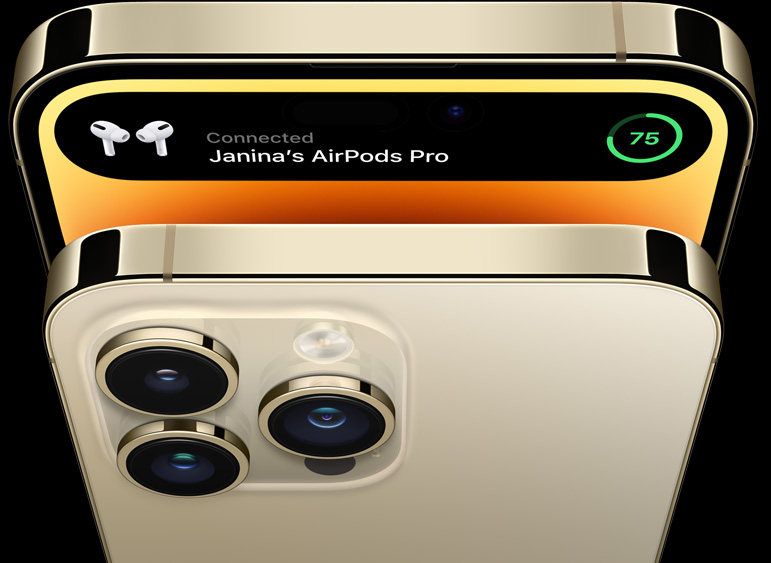 Tampilan depan dan belakang bertumpuk iPhone 14 Pro dalam warna emas