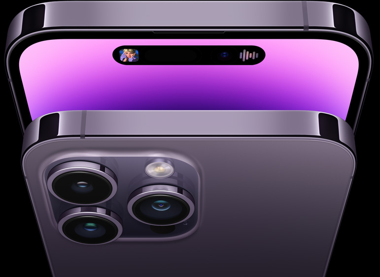 Vista frontal y trasera de dos iPhone 14 Pro superpuestos en morado oscuro