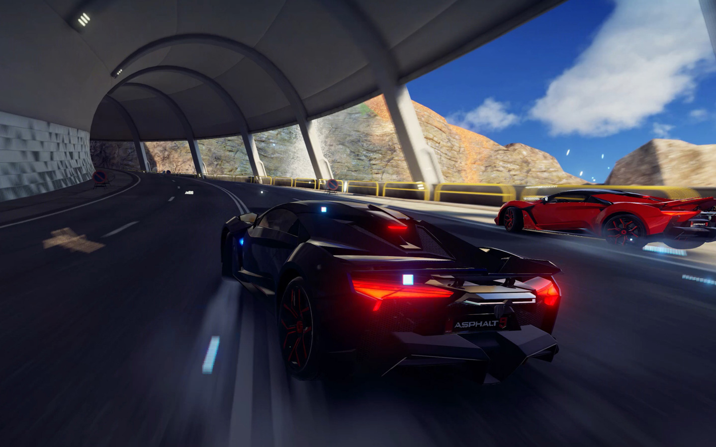 A video of a graphically intense video game where cars are racing through a tunnel.