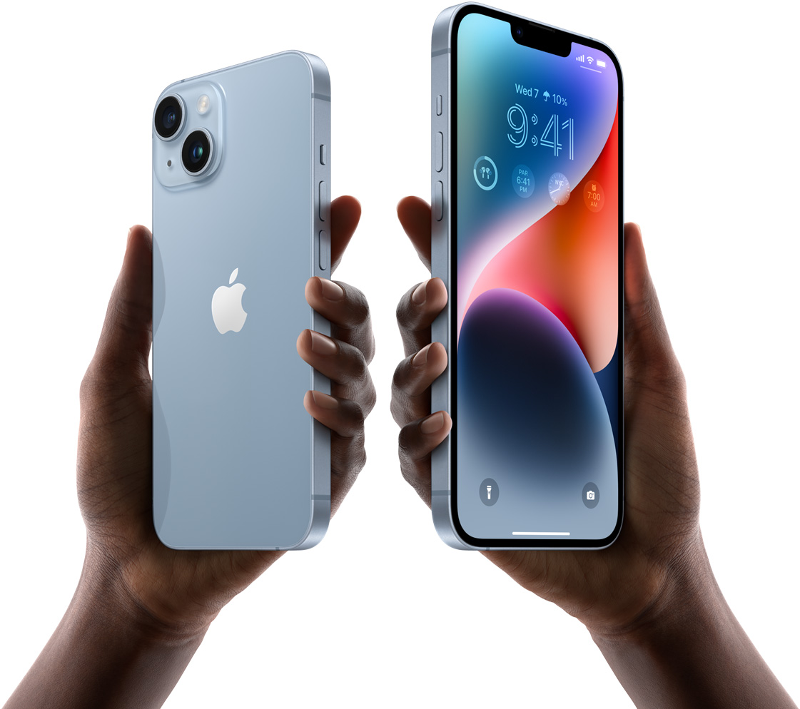 A hand holding iPhone 14, showing the back. Another holding iPhone 14 Plus, showing the display.