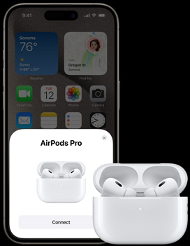 iPhone 15 Pro playing music next to Airpods Pro