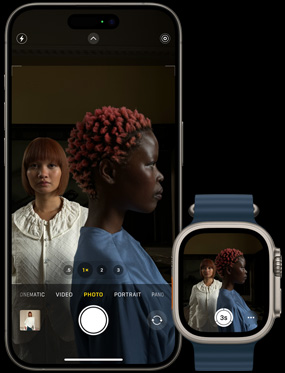 The same photo of 2 women being shown on iPhone 15 Pro and Apple Watch Ultra