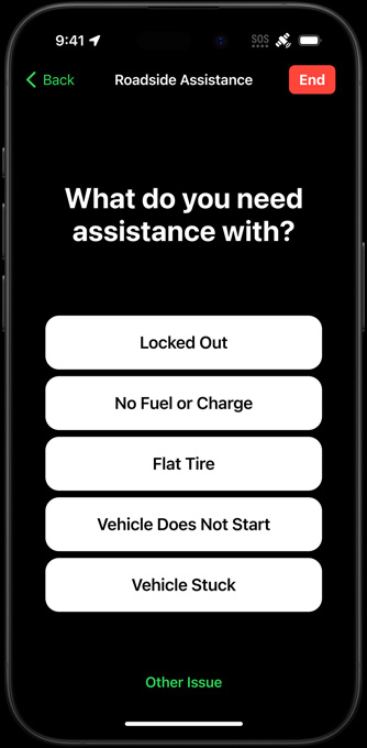Roadside Assistance asking "What do you need assistance with?" with on-screen options Locked Out, No Fuel or Charge, Flat Tire, Vehicle Does Not Start, Vehicle Stuck, and Other Issue