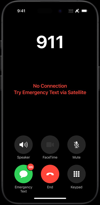An iPhone showing the message "No Connection Try Emergency Text via Satellite"