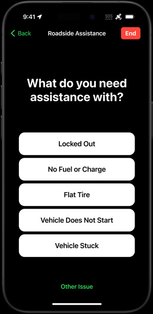 Roadside Assistance asking "What do you need assistance with?" with on-screen options Locked Out, No Fuel or Charge, Flat Tire, Vehicle Does Not Start, Vehicle Stuck, and Other Issue