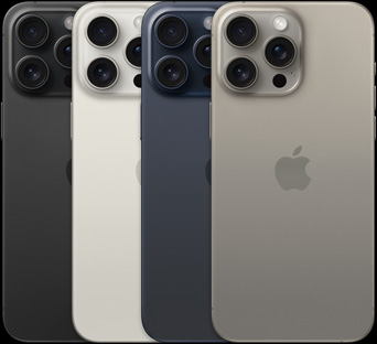 Vista posterior de un iPhone 15 Pro Max en 4 colores diferentes