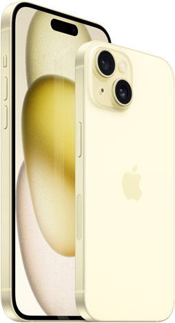 Front view of 6.7-inch iPhone 15 Plus and back view of 6.1-inch iPhone 15 in Yellow.