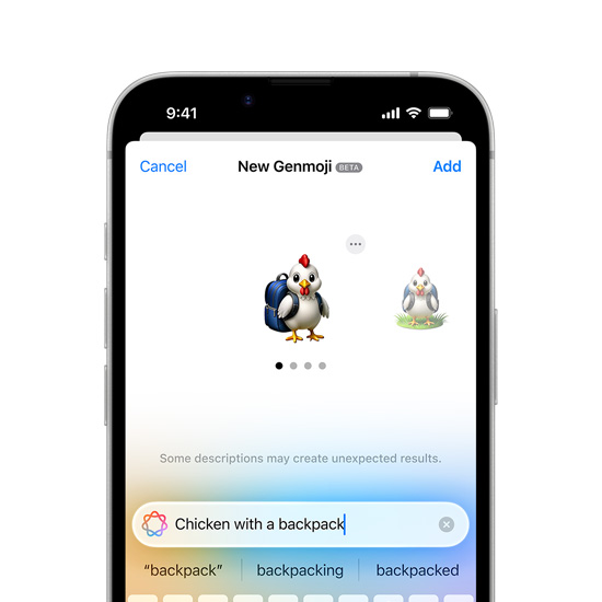 iPhone 16e screen showing Genmoji creation.