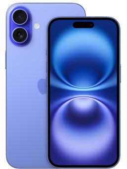 Front of iPhone 16 in colour Ultramarine and partial view of back of iPhone 16 Plus showing the camera.