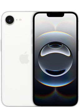 Front view of iPhone 16e in colour white and partial view of back of iPhone 16e showing the camera.