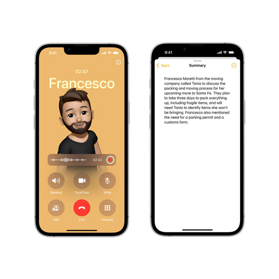 Notlar uygulamasında bir telefon görüşmesinin Apple Intelligence ile oluşturulmuş özetinin gösterildiği iPhone 16e ekranları