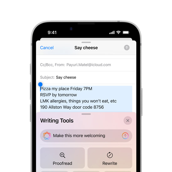 Apple Intelligence Yazma Araçları yeteneklerinin gösterildiği iPhone 16e ekranının kısmi görünümü.