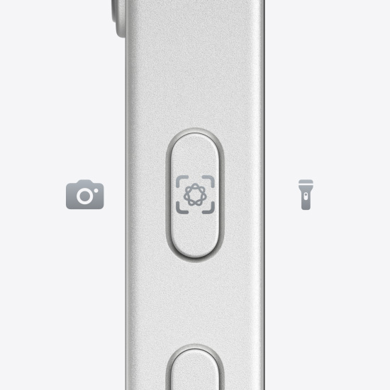 Action button on side of iPhone 16e in colour White.