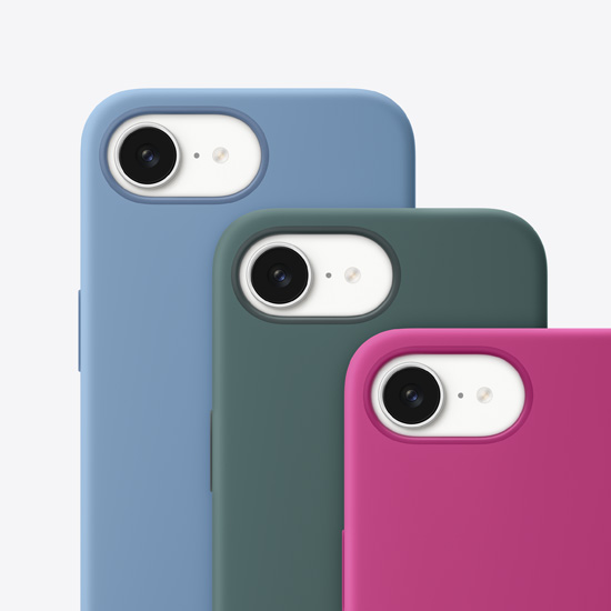 Back view of iPhone 16e silicone cases in Winter Blue, Lake Green and Fuchsia.