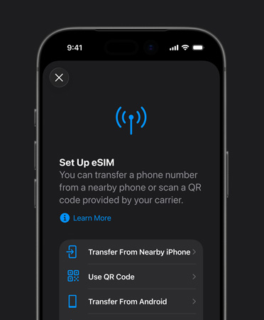 iPhone 17 Pro, front exterior, using the Set Up Cellular feature to easily transfer a phone number with eSIM