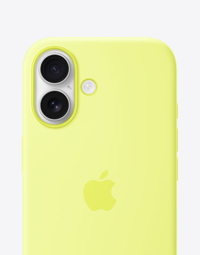 iPhone 17, back exterior with silicone case in yellow, Fusion camera system in top left corner, Apple logo centred