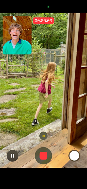 iPhone 17 screen using front and rear camera Dual Capture video of child running while adult watches