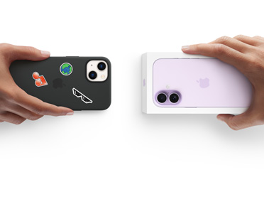 Side by side, hand holding iPhone 13 in silicone case with stickers on back exterior, trade-in with hand holding new iPhone box for iPhone 17