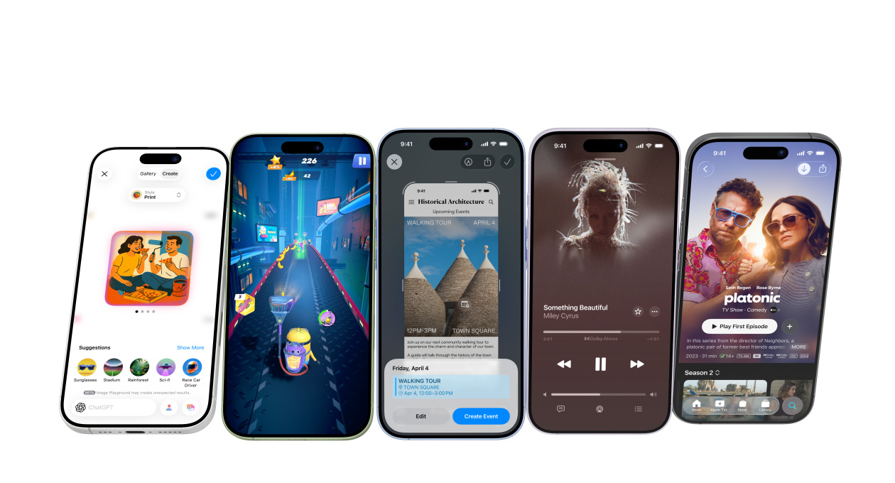 Пристрої iPhone 17 у різних кольорах, екрани з різними додатками