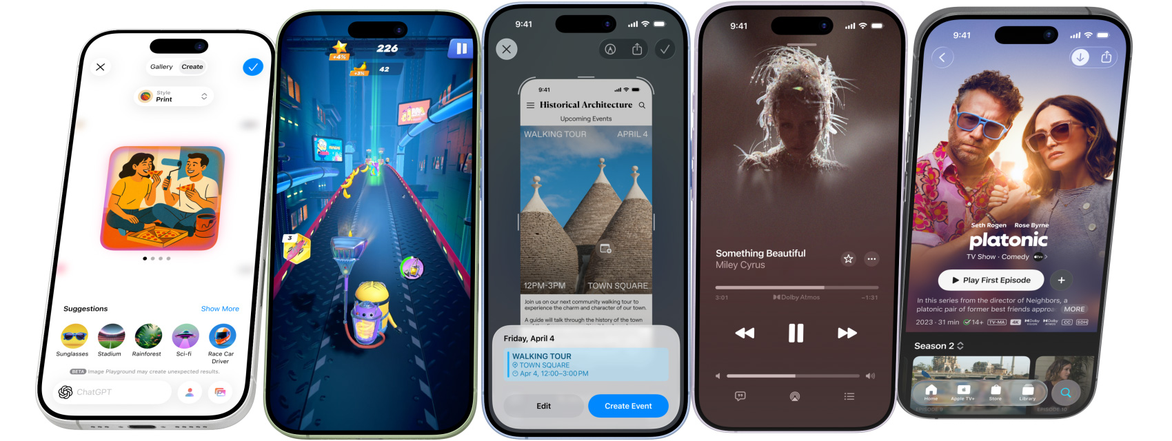 Rad iPhonov 17 vedľa seba. Zatočia sa a zastavia tak, aby boli na obrazovke vidieť vybrané funkcie