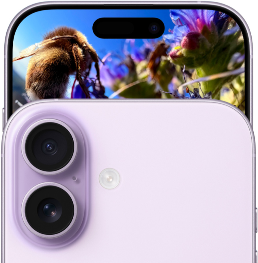 iPhone 17 front exterior with Dual Fusion Camera System, rear exterior, lavender colour