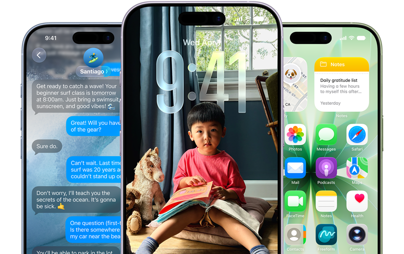 Three iPhone 17 devices. Each displays either a Messages screen, lock screen or home screen